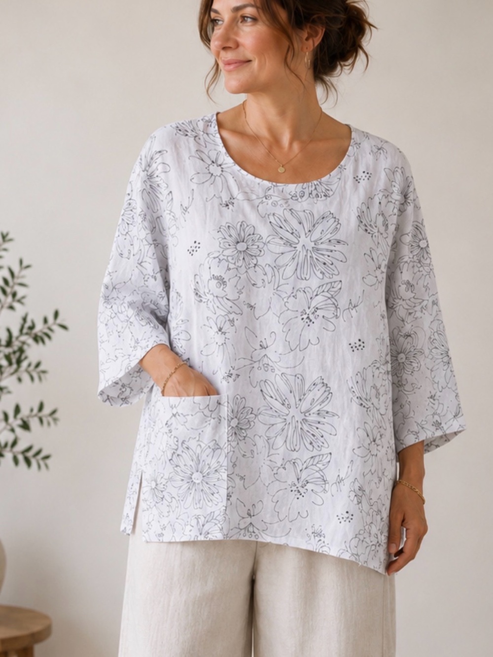 NofiacUSA 100% Linen Floral Tunic Top White Black Oversized Pocket Boho L